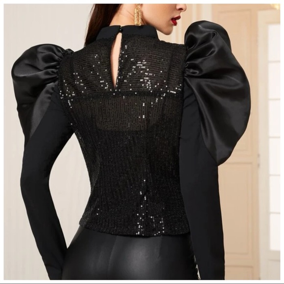 🎁 The Fotina Black Sequin Dramatic Tulle Sleeve Top - Picture 2 of 6